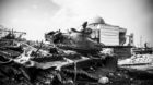 AZAZ, 29.07.2012 A destroyed tank of the syrian army in front of a mosque, Azaz, Syria. Photo by Pascal Mora