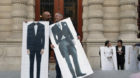 Pro gay marriage activists pose during a gathering at Paris 4th district city hall after French lawmakers legalized same-sex