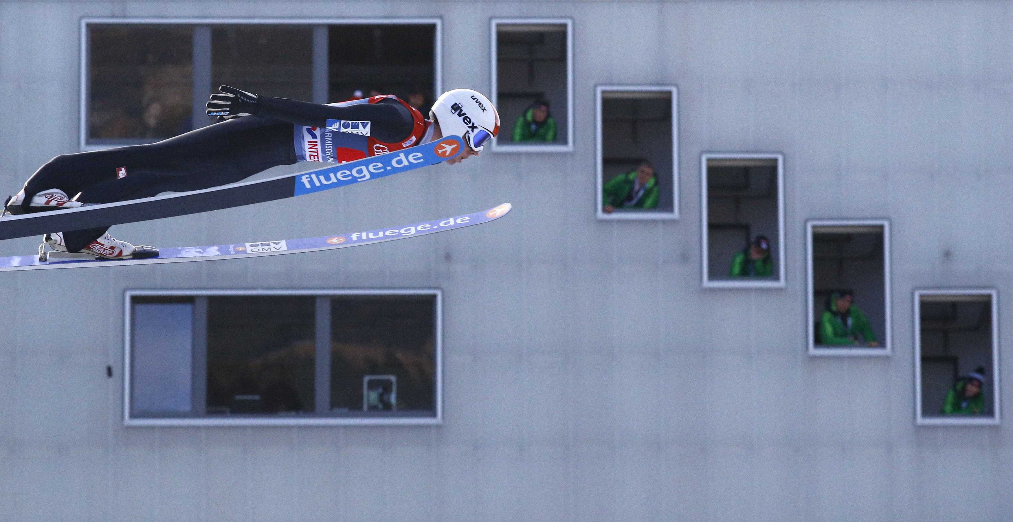 Austria's Thomas Diethart soars past the judges tower to win the second jumping of the four-hills tournament in Garmisch-Partenkirchen, southern Germany, January 1, 2014. Diethart won ahead of his compatriot Thomas Morgenstern and Swiss tournament overall