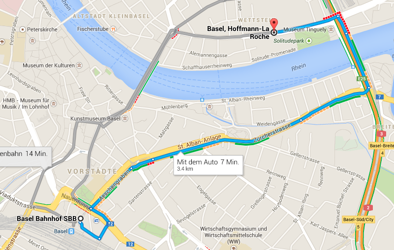 Und so würden die Roche-Angestellten von ausserhalb zur Arbeit gelangen: Über die St. Alban Anlage, die Breite und die Schwarzwaldbrücke