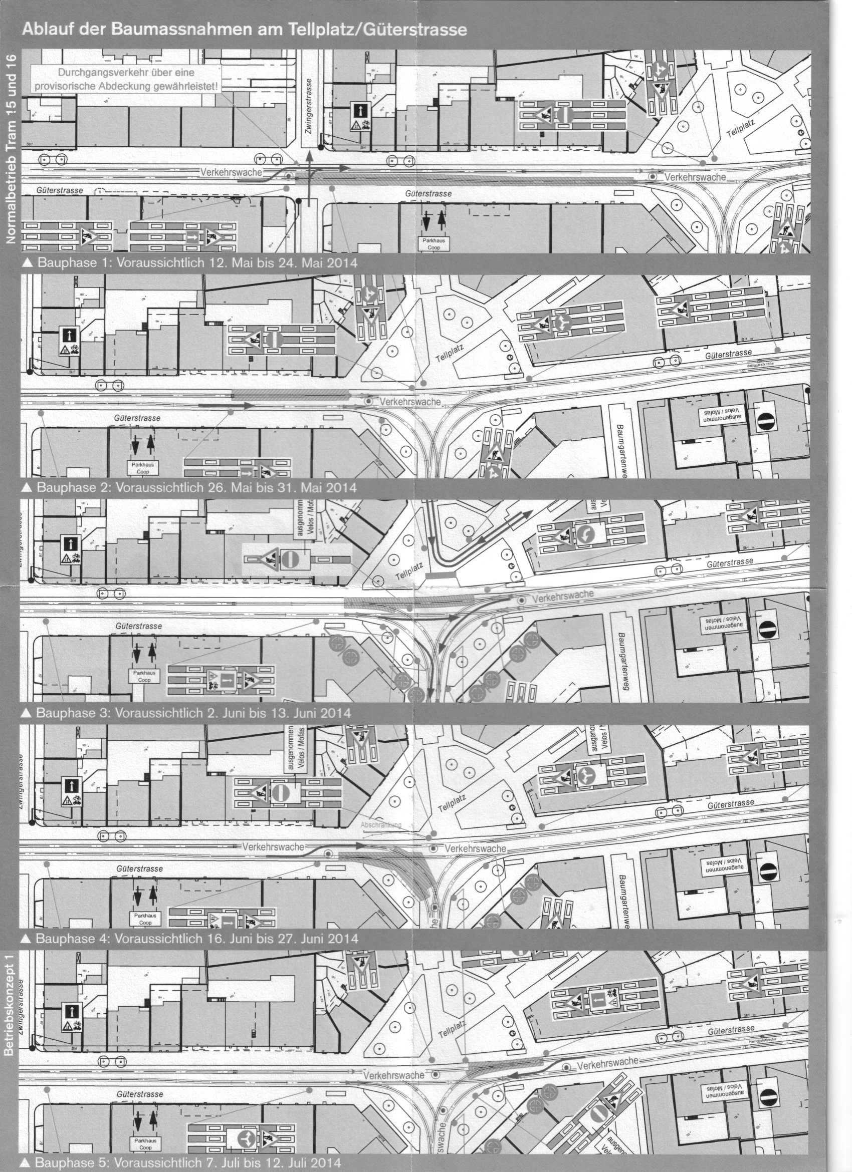Die BVB baut um am Tellplatz. Ein Ausschnitt aus dem Informationsblatt der BVB über die Verkehrseinschränkungen von Mai bis Juni 2014