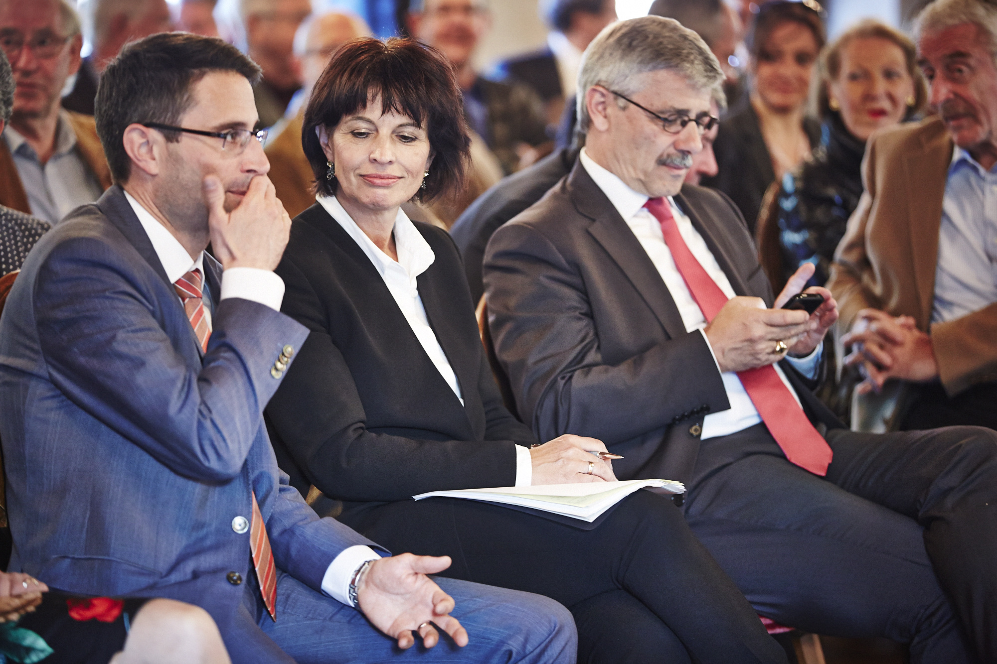 CVP-Granden in der ersten Reihe: Lukas Engelberger, Doris Leuthard und Carlo Conti im Schützenhaus.