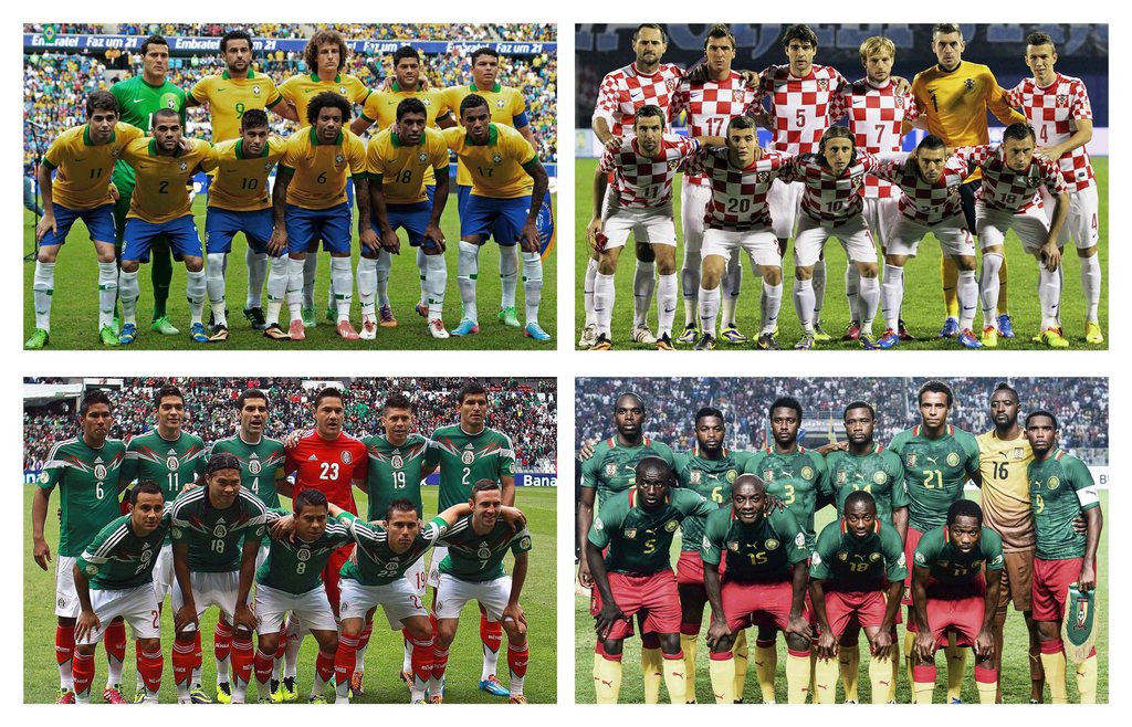 epa03979887 Combo picture that show the team photos of the teams of the A group of the 2014 FIFA World Cup Brazil: Brazil (up-L), Croatia (up-R), Mexico (down-L) and Cameroon (down-R) after the final draw of the preliminary round groups held in Costa do S