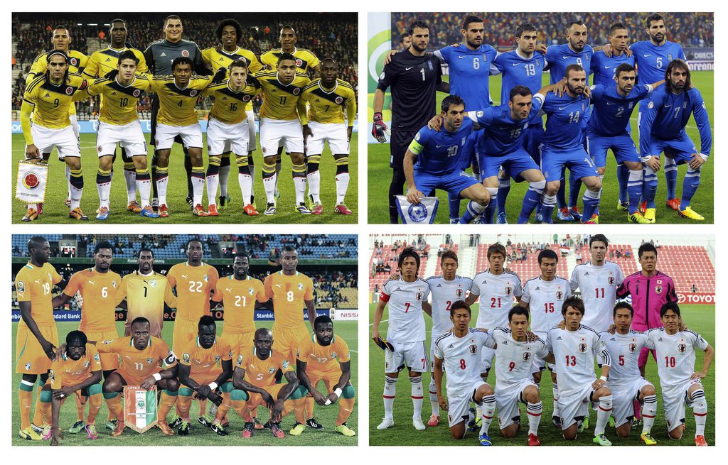 epa03979888 Combo picture that show the team photos of the teams of the C group of the 2014 FIFA World Cup Brazil: Colombia (up-L), Greece (up-R), Ivory Coast (down-L) and Japan (down-R) after the final draw of the preliminary round groups held in Costa d