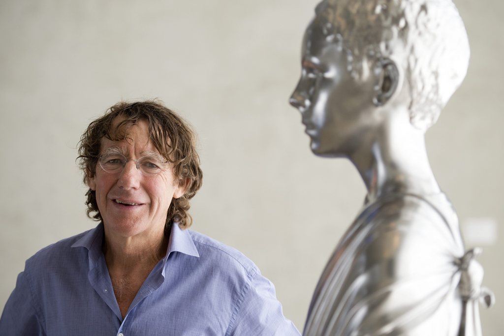 epa04253747 US artist Charles Ray poses next to his sculpture 'School Play' (2014) at the Kunstmuseum in Basel, Switzerland, 13 June 2014. The exhibition 'Charles Ray: Sculpture 1997-2014', presented by the Kunstmuseum Basel and the Museum fuer Gegenwarts