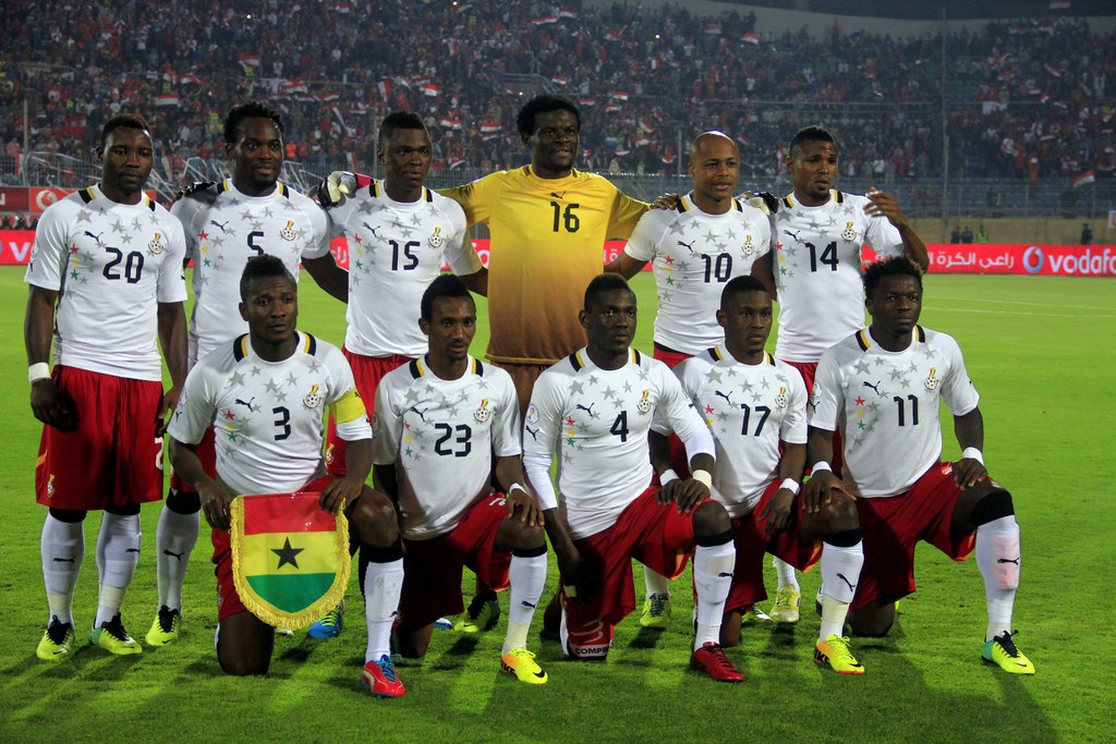 FILE- In this Nov. 19, 2013 file photo, Ghana soccer team poses prior to the start the World Cup qualifying soccer match between Egypt and Ghana at the Air Defense Stadium in Cairo, Egypt. Background from left: Kwadwo Asamoah, Michael Essien, Rashid Sumai