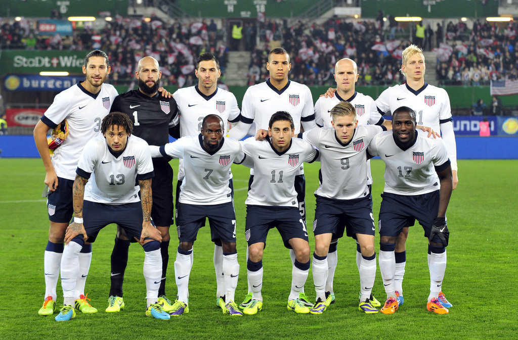 FILE - In this Nov. 19, 2013 file photo, the United States national soccer team poses prior to the start their friendly soccer match between Austria and the United States in Vienna, Austria. Background from left: Omar Gonzalez, Tim Howard, Geoff Cameron, 