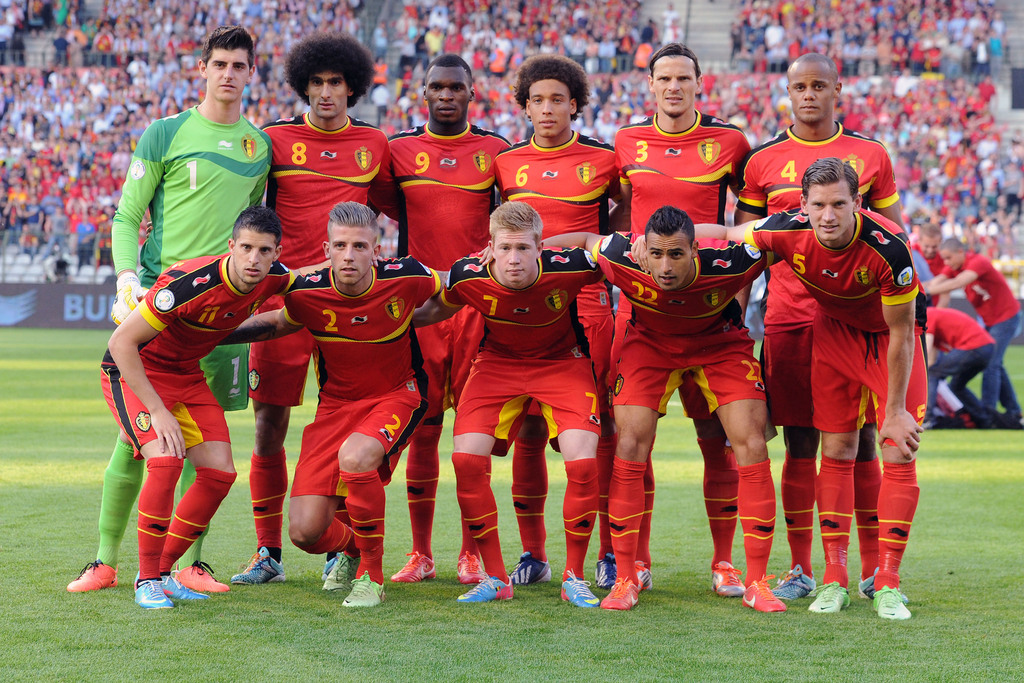 FILE - In this June 7, 2013 file photo, Belgium soccer team poses prior to the start the World Cup Group A qualifying soccer match between Belgium and Serbia at the King Baudouin Stadium in Brussels. Foreground from left: Kevin Mirallas, Toby Alderweireld