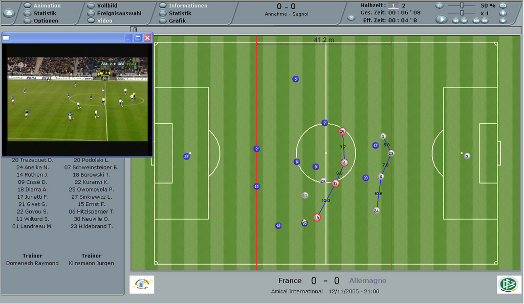 Ein vom Softwareanbieter Mastercoach herausgegebener Screenshot zeigt eine Spielanalyse durch das Programm Amiscopro des Fussballspiels Frankreich gegen Deutschland am 12. Nov. 2005 in Paris. Fest installierte Bewegungssensoren im Stadion sammeln waehrend