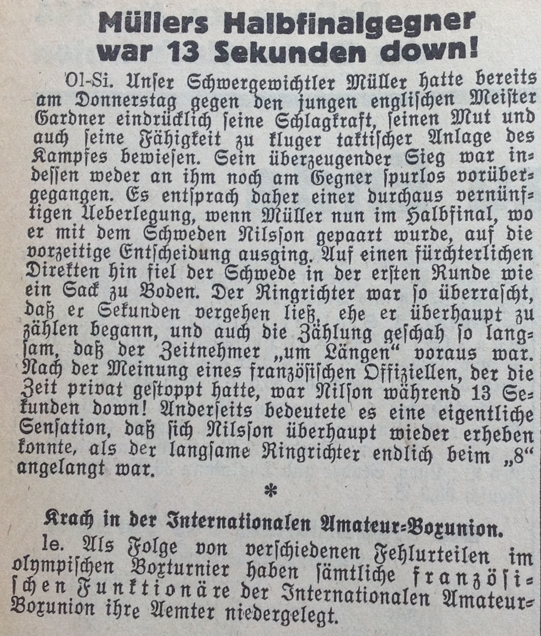 Die «Basler Nachrichten» berichten über Müllers Halbfinal an den Spielen 1948.