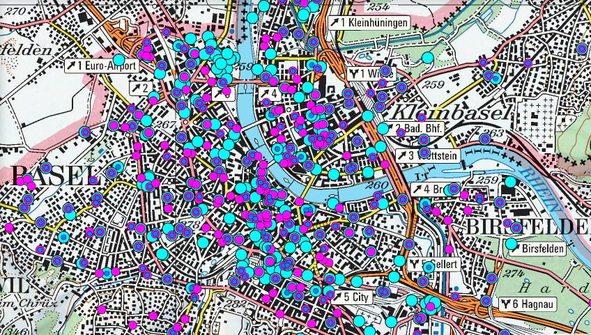 Standorte der Handy-Antennen in Basel. Die Zahl steigt, die Sendeleistung einzelner Antennen aber sinkt.