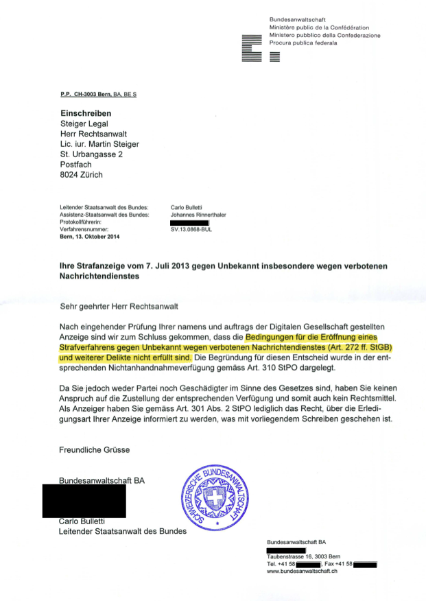 Begründung der Bundesanwaltschaft, weshalb keine Strafanzeige erfolgt.