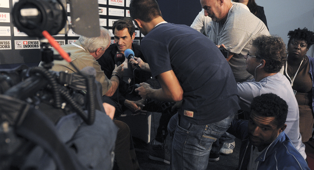Pressekonferenz mit Roger Federer beim Swiss Indoors Tennisturnier in der St. Jakobshalle in Basel, am Dienstag, 21. Oktober 2014. (PHOTOPRESS/Kurt Schorrer) *** Local Caption *** ....