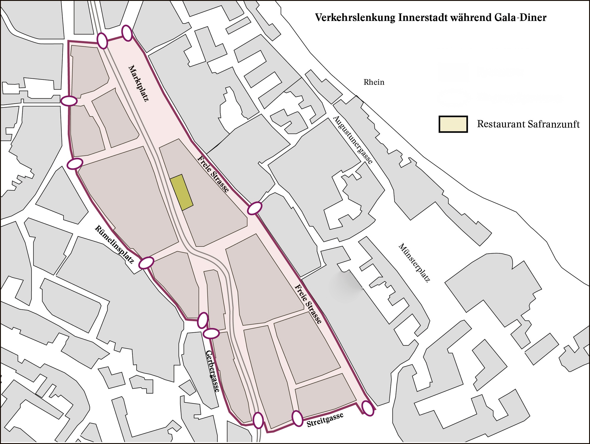 Der rot eingefärbte Bereich ist am Donnerstag, 4. Dezember, ab 15 Uhr für jeglichen Verkehr gesperrt. Fussgängerinnen können sich aber mit Ausnahme des Bereichs der Gerbergasse vor der Safran Zunft, die hälftig gesperrt sein wird, frei bewegen.