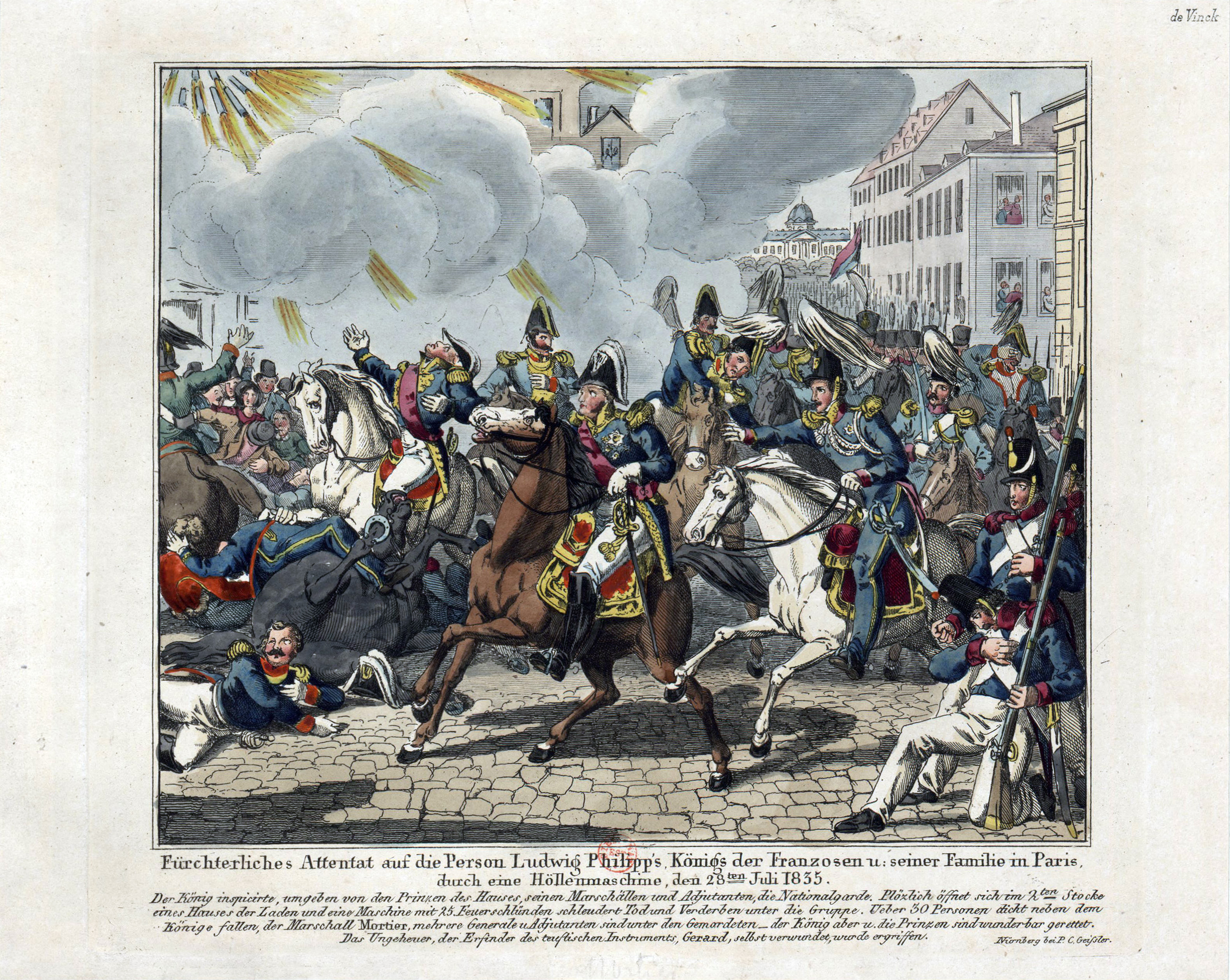 Die Explosion der Höllenmaschine, die Louis-Philippe I. im Jahr 1835 verfehlte.