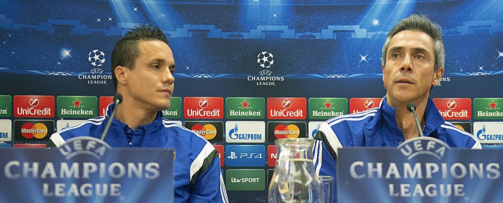epa04520583 Basel's Philipp Degen (L) and Portuguese head coach Paulo Sousa (R) attend a press conference at Anfield in Liverpool, Britain, 08 December 2014. FC Basel 1893 will face Liverpool FC in the UEFA Champions League group B soccer match on 09 December 2014. EPA/GEORGIOS KEFALAS