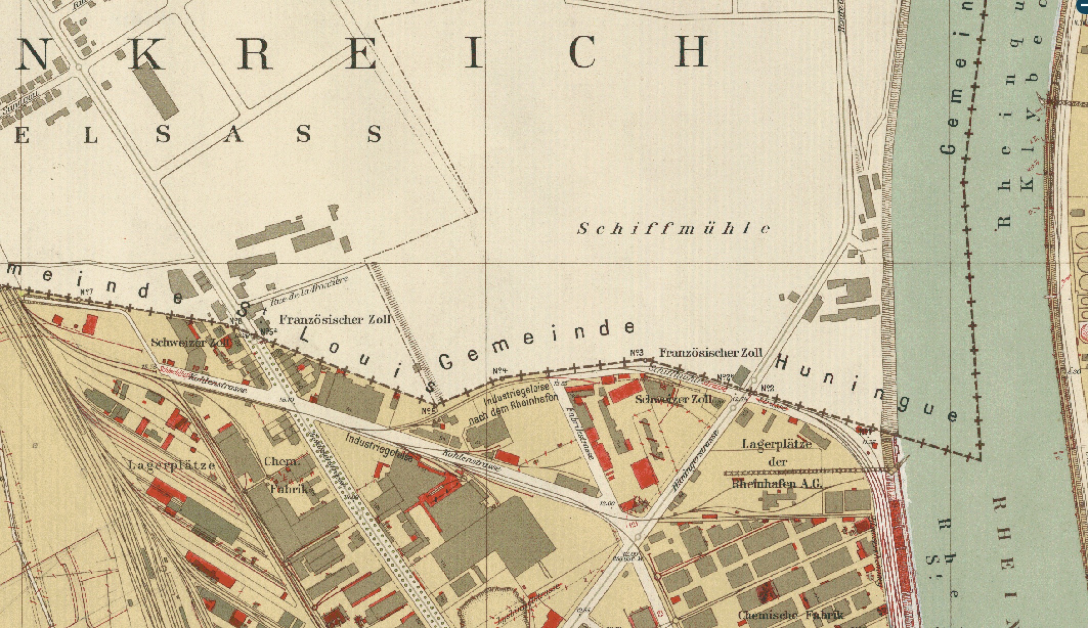 Stadtplan aus dem Jahr 1940 mit den beiden grenzüberschreitenden Tramlinien nach Saint Louis und Hüningen