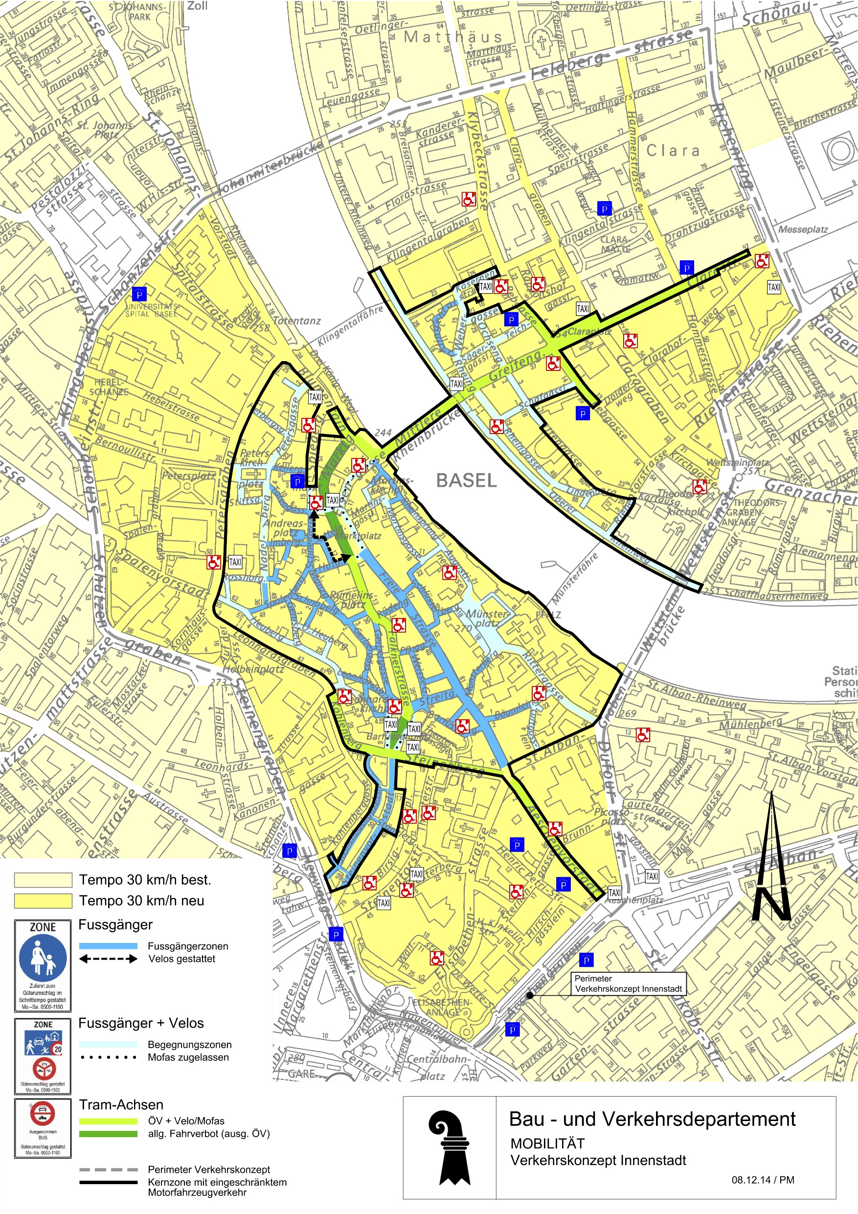 Innerhalb der schwarzen Linie befindet sich die Kern beziehungsweise Fussgängerzone mit eingeschränktem Autoverkehr und Tempo 20, ausserhalb gilt Tempo 30.