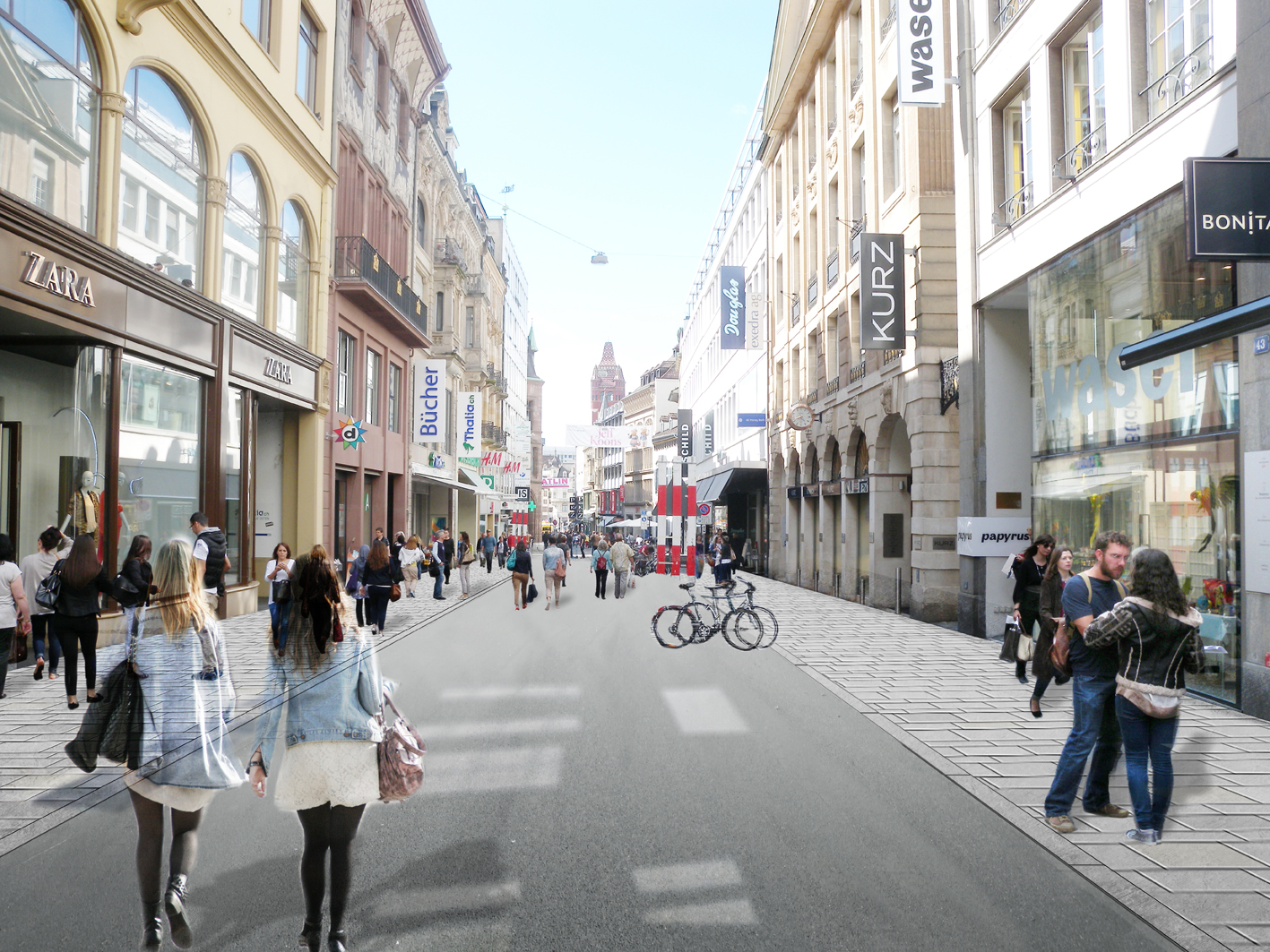 Die Freie Strasse mit einem Aspahltstreifen in der Mitte und Quarzsandsteinplatten auf den Trottoirs