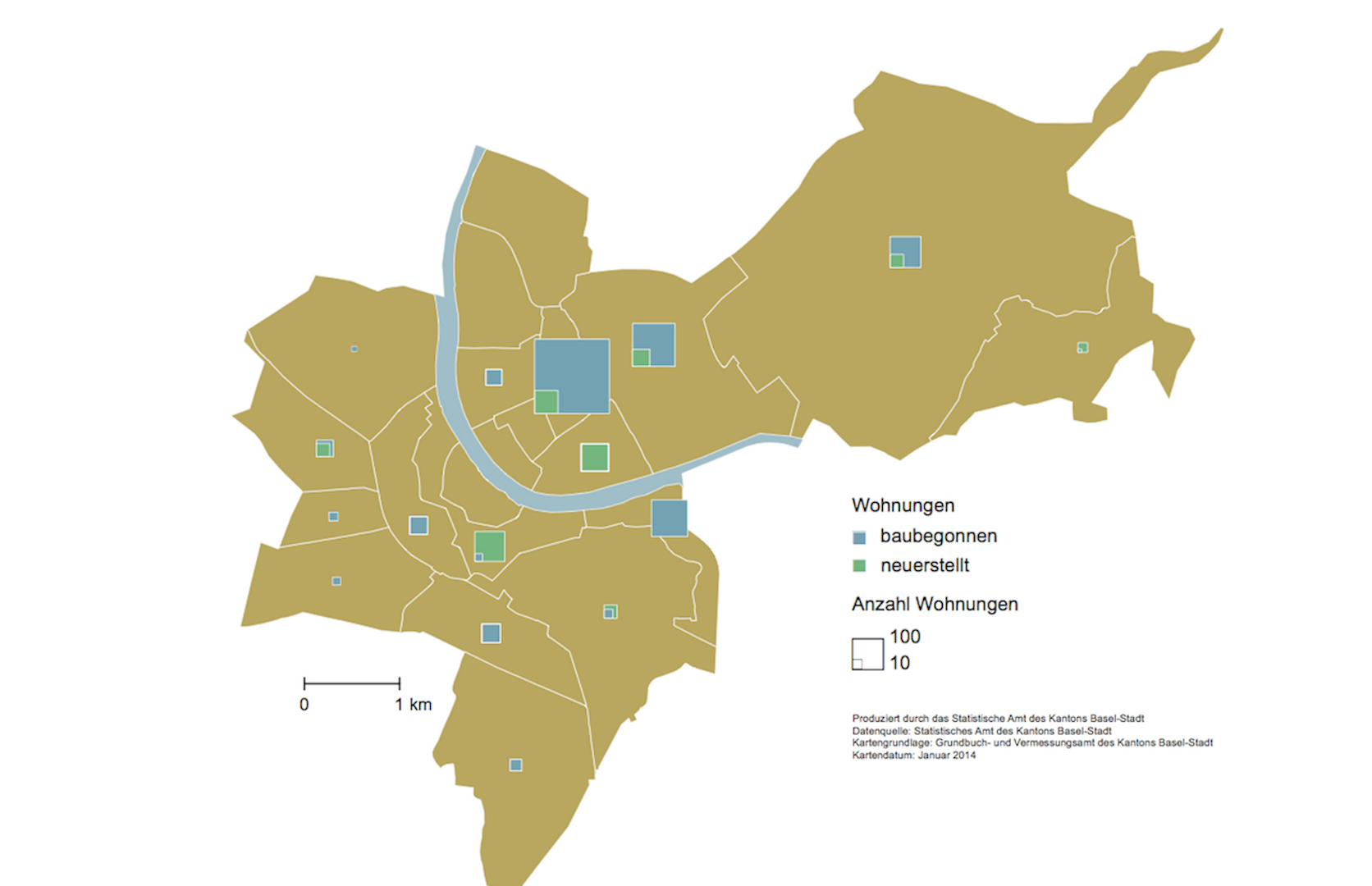 Die Karte zeigt, wo das Wohnungspotenzial am grössten ist. Die Zahl der neuerstellten Wohnungen in grün (insgesamt 369), die baubegonnenen in blau (insgesamt 1124).