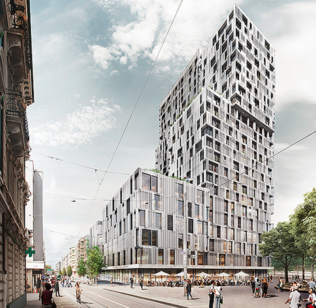 Das Meret-Oppenheim-Hochhaus, das auf der Südseite des Bahnhofs im Gundeldinger-Quartier stehen soll. 2019 soll das Gebäude fertig sein.