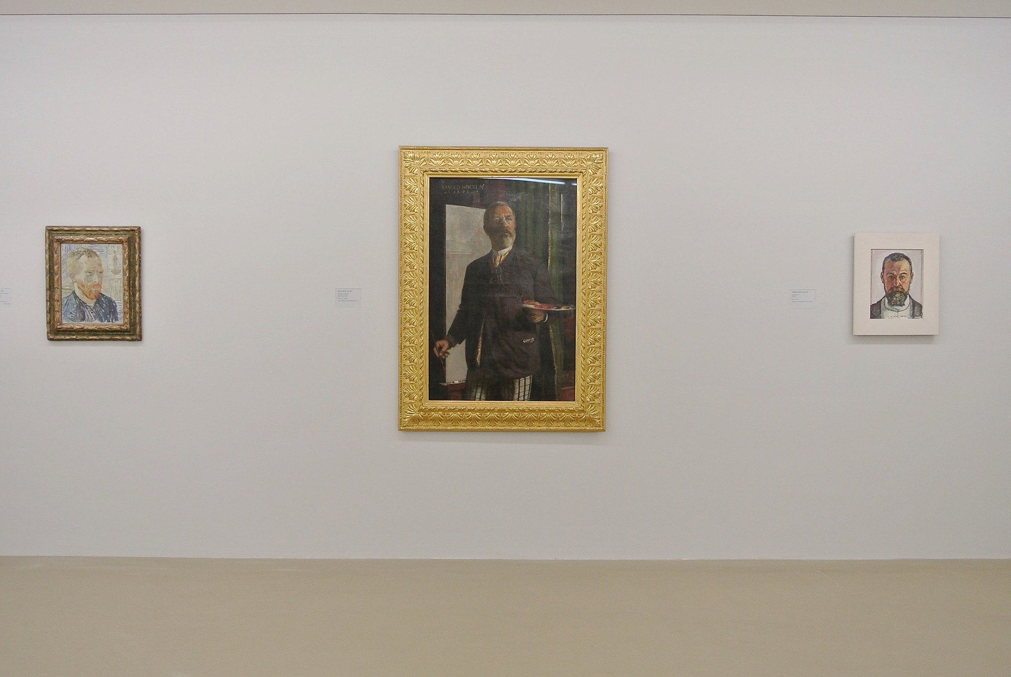 Drei Selbtsporträts in unterschiedlichen Stilen: Vizent van Gogh, Arnold Böcklin und Ferdinand Hodler, gemalt zwischen 1887 und 1912