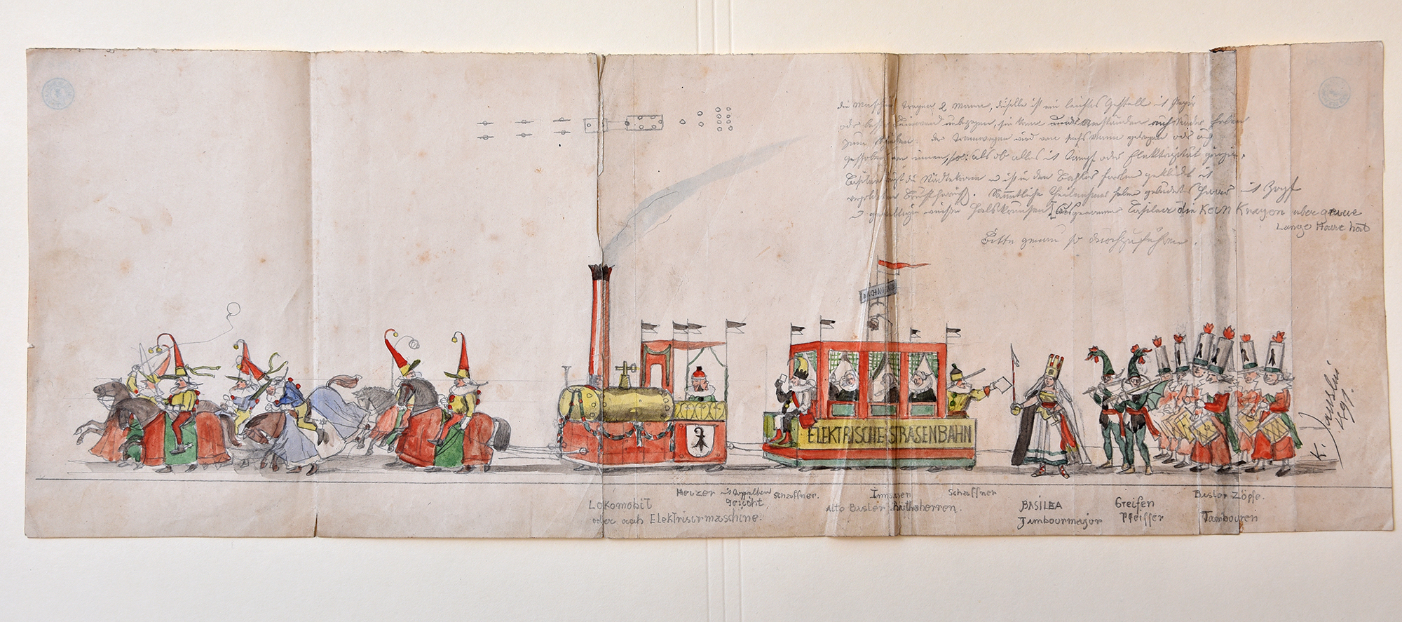 Karl Jauslins Gestaltungsvorschlag des Fasnachtssujets «Strassenbahn» für den Verein junger Kaufleute aus dem Jahr 1891.