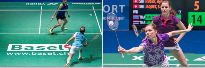 Vorreiter Swiss Open: Den Schriftzug «Basel» auf den Hallenboden gebracht (links). Rechts Ayla Huser und Sabrina Jaquet (voren), zwei Lokalmatadorinnen.
