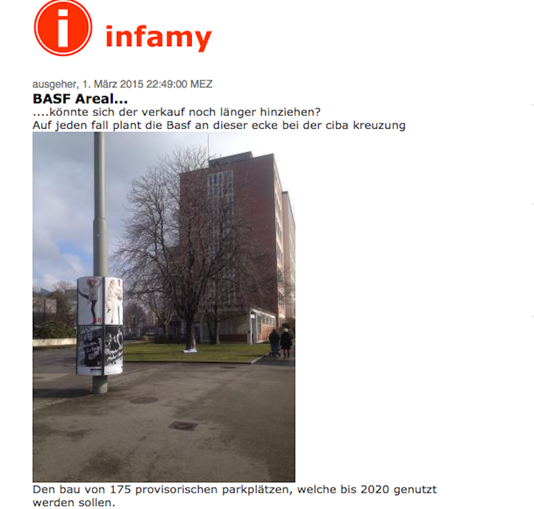Der Basler Blog «infamy» über die Parzelle, auf der die Parkplätze zu stehen kommen.