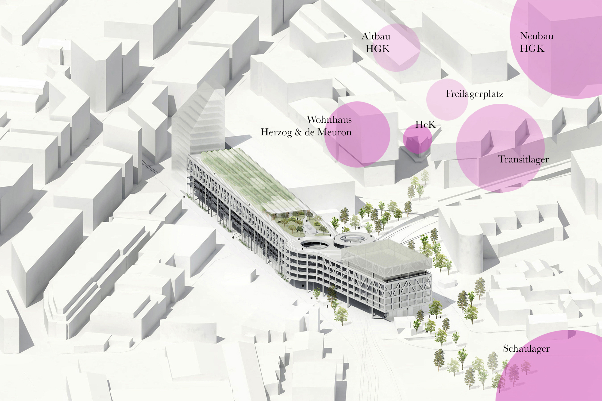 Eingebettet ins bereits Bestehendes oder neu zu Bauendes: Das neue Parking Ruchfeld, wie HHF Architekten es sich vorstellen.