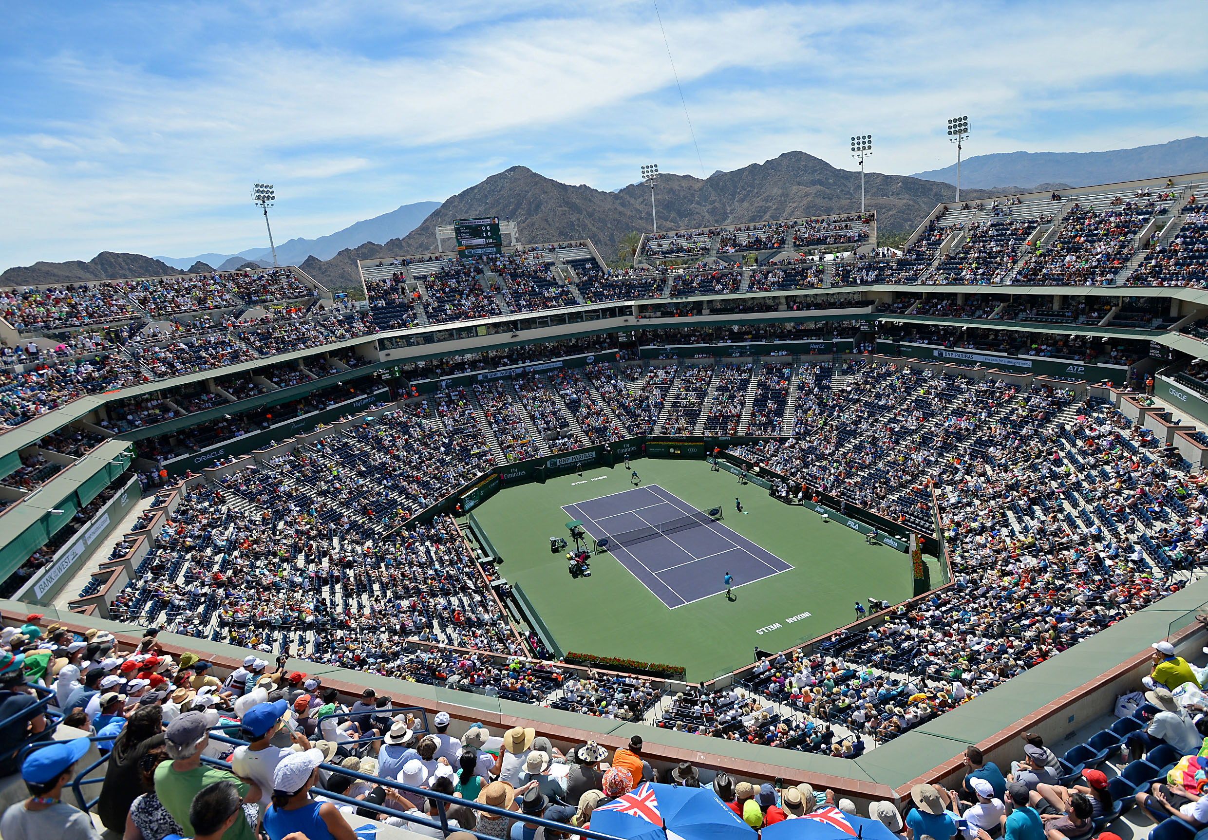 Mar 15, 2015; Indian Wells, CA, USA; View of stadium 1 during the match between Nick Kyrgios (AUS) and Grigor Dimitrov (BUL) at the BNP Paribas Open at Indian Wells Tennis Garden. Mandatory Credit: Jayne Kamin-Oncea-USA TODAY Sports