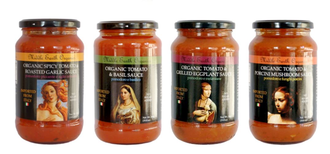 «Middle Earth Organics» ist bekannt für seine Pastasaucen. Die Schraubgläser, in denen sie angeboten werden, sind mit Ausschnitten aus bekannten italienischen Gemälden verziert.