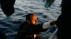 A would-be immigrant climbs onto an Armed Forces of Malta ship after being transferred from a trawler, around 80 nautical mil