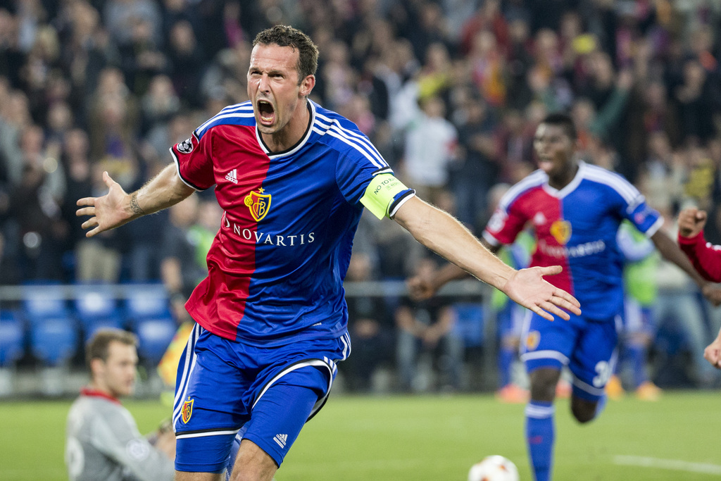 Basel's Marco Streller cheers after scoring the 1-0 during an UEFA Champions League group B matchday 2 soccer match between Switzerland's FC Basel 1893 and Britain's Liverpool FC in the St. Jakob-Park stadium in Basel, Switzerland, on Wednesday, October 1