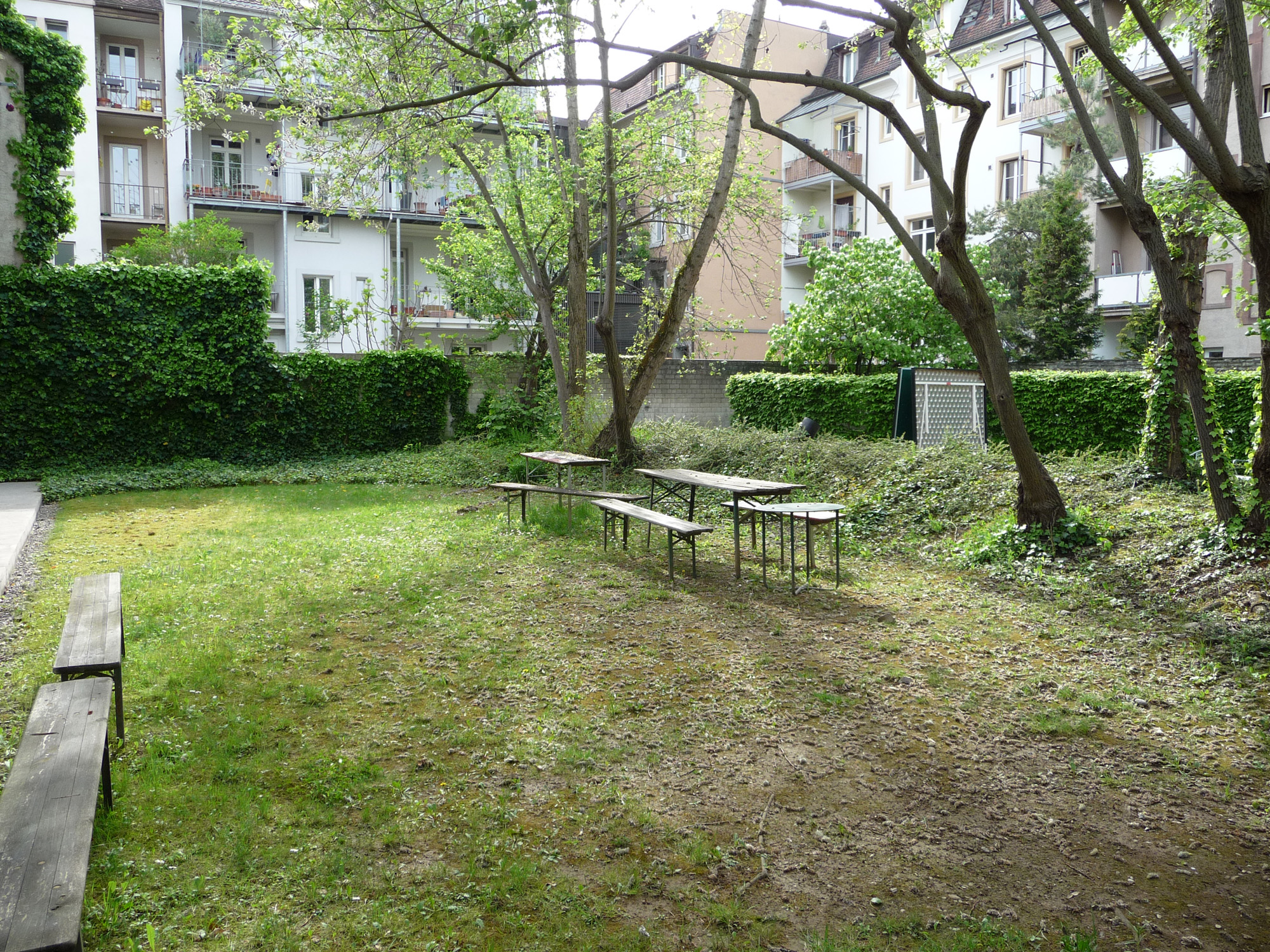 Eine abwechslungsreichere Gestaltung mit Blütenpflanzen und Sträuchern könnte diesen Hinterhof aufwerten.