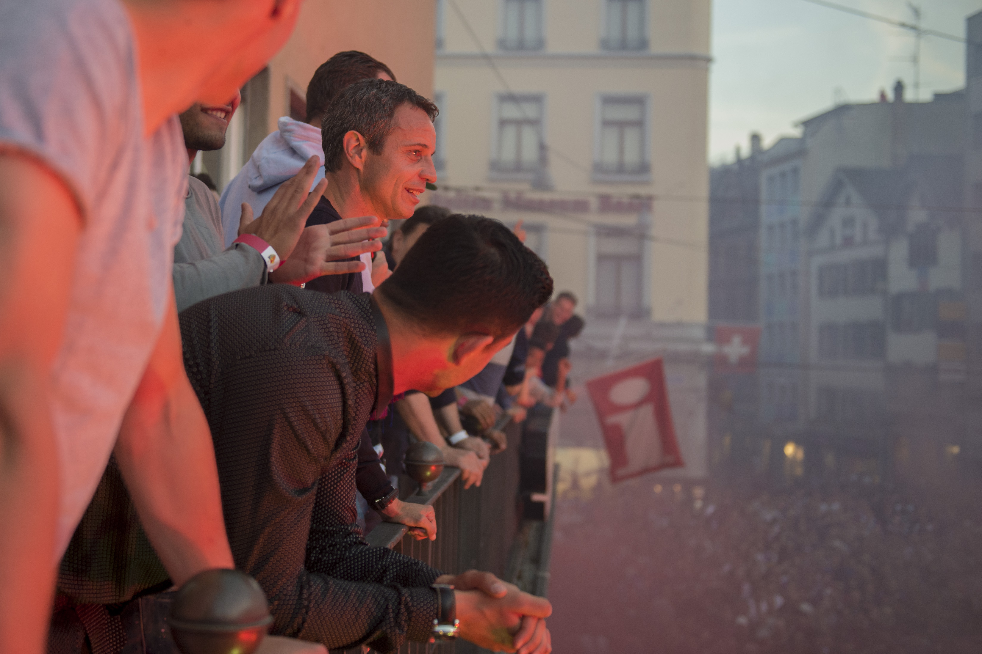 17.05.2015; Basel; Fussball Super League - FC BaseL; Praesident Bernhard Heusler (Basel) feiert den Meistertitel auf dem Balkon des Barfuesserplatz in Basel (Claudia Minder/freshfocus)
