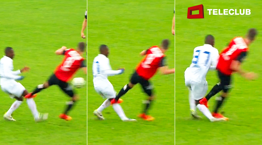 ZUR MELDUNG, DASS DIE STAATSANWALTSCHAFT LENZBURG-AARAU EINEN STRAFBEFEHL GEGEN SANDRO WIESER ERLASSEN HAT, STELLEN WIR IHNEN AM MITTWOCH, 6. MAI 2015, FOLGENDES ARCHIVBILD ZUR VERFUEGUNG - SCREENSHOT - Der Screenshot zeigt das Foul von Aaraus Sandro Wieser, rechts, gegen Zuerichs Gilles Yapi, links, im Fussball Meisterschaftsspiel zwischen dem FC Aarau und dem FC Zuerich am Sonntag, 9. November 2014, auf dem Bruegglifeld in Aarau. Der Mittelfeldspieler Yapi erlitt beim brutalen Foul von Aaraus Wieser diverse Verletzungen im rechten Knie, unter anderem einen Kreuz- und Innenbandriss sowie einen Meniskusschaden. Der Praesident des FCZ kuendigte eine Strafklage gegen den Aarauer an. (Screenshot Teleclub) *** NO SALES, DARF NUR MIT VOLLSTAENDIGER QUELLENANGABE VERWENDET WERDEN ***