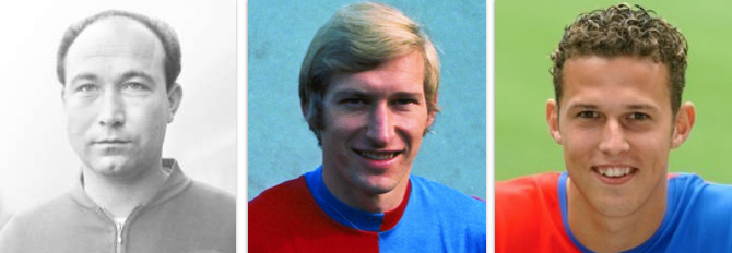 Drei grosse FCBler: Seppe Hügi (1930-1995), der heute 72-jährige Karl Odermatt und der junge Marco Streller von 2002.