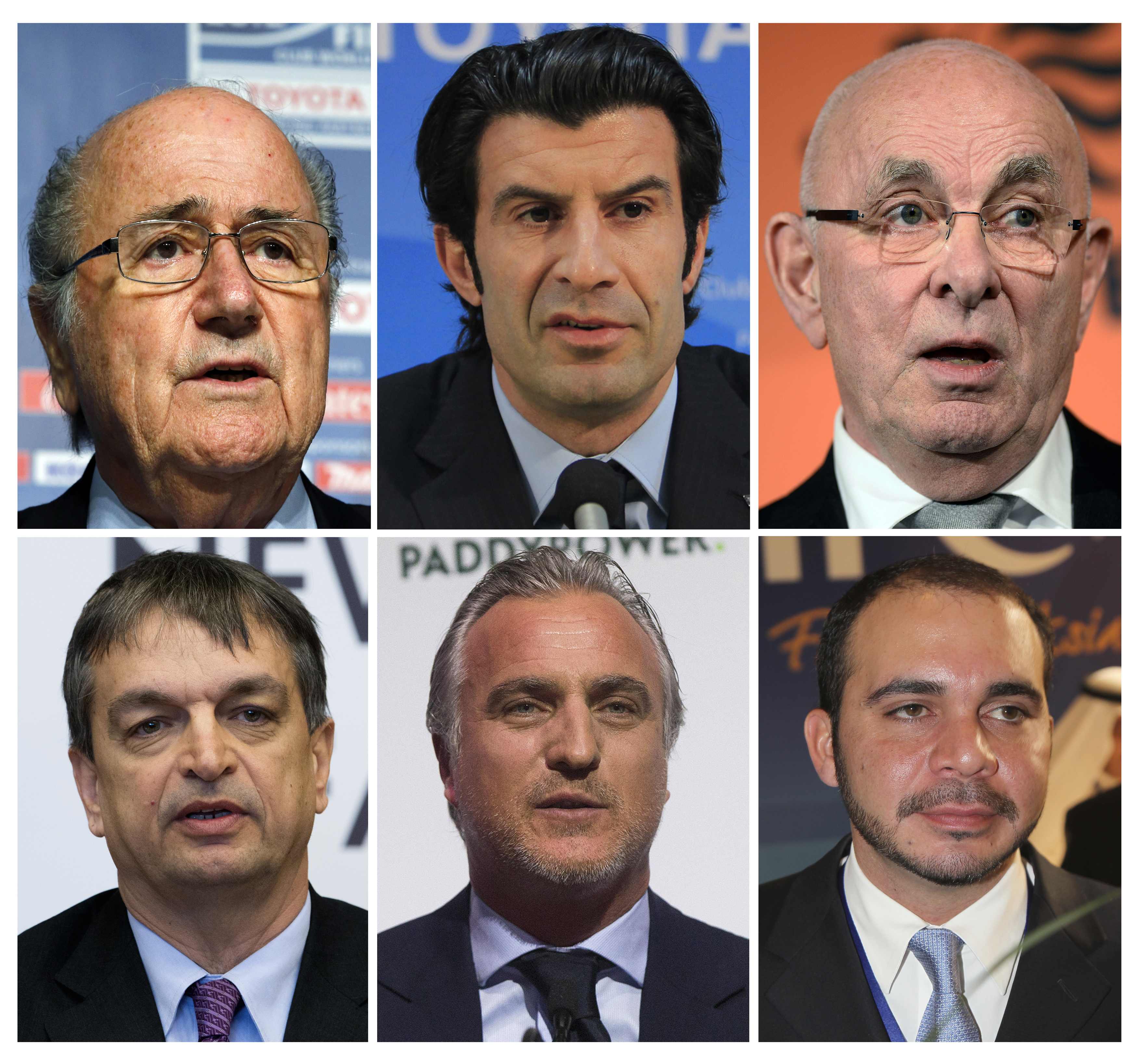 A combination of file pictures shows the candidates running for the FIFA presidency. From L-R: (top row) FIFA President Sepp Blatter, former Portuguese international soccer player Luis Figo, Dutch FA president Michael van Praag, (bottom row) former FIFA official Jerome Champagne of France, former footballer David Ginola from France and Jordan's Prince Ali bin al-Hussein. REUTERS/Staff/Files (SPORT ELECTIONS POLITICS)