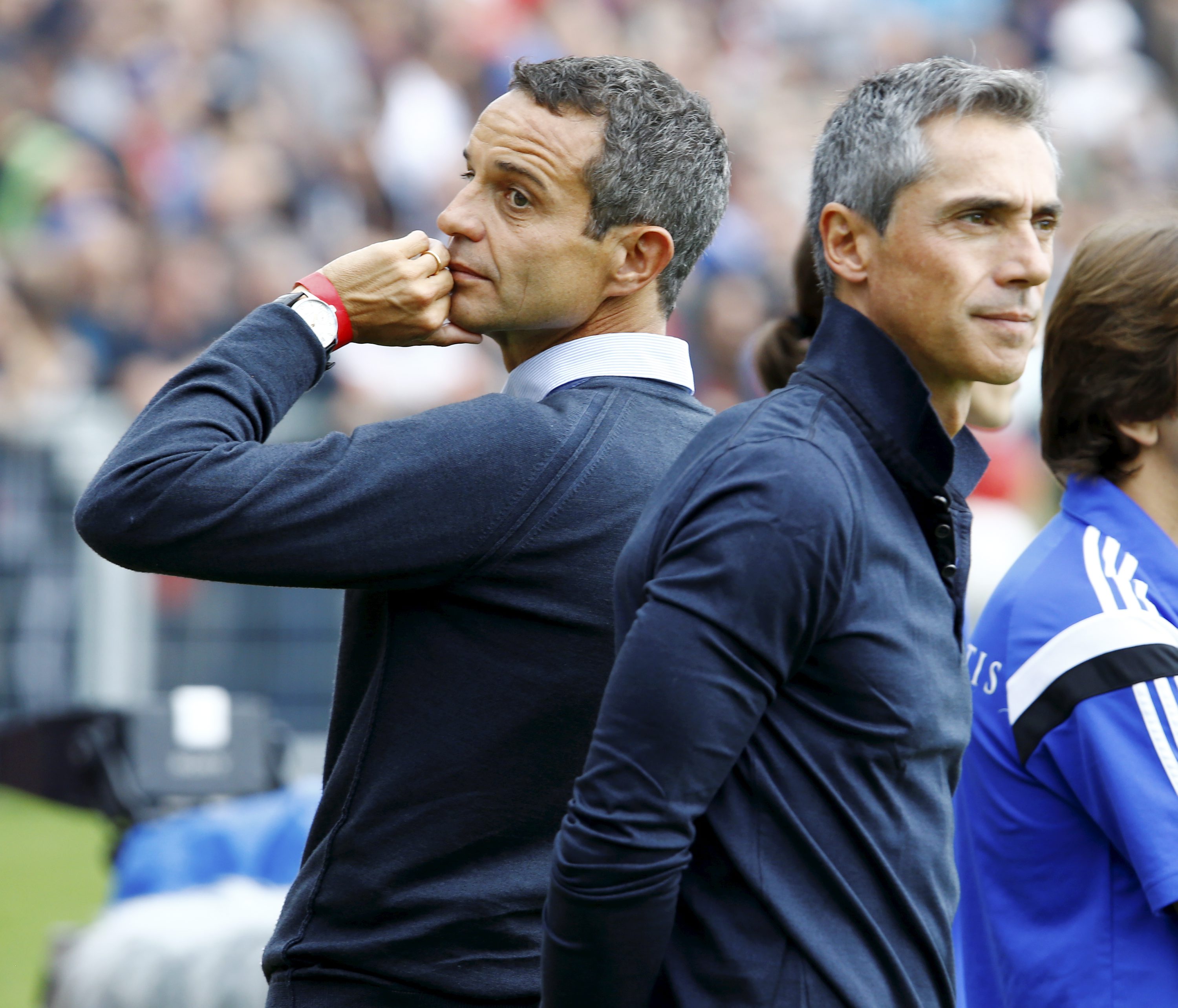 21.09.2014 Schaffhausen Fussball Saison 2014/2015 Schweizer-Cup FC Winterthur - FC Basel Bild zeigt Coach Paulo Sousa links Praesident Bernhard Heusler beide (FC Basel) Aktion Foto (c) Anton Geisser
