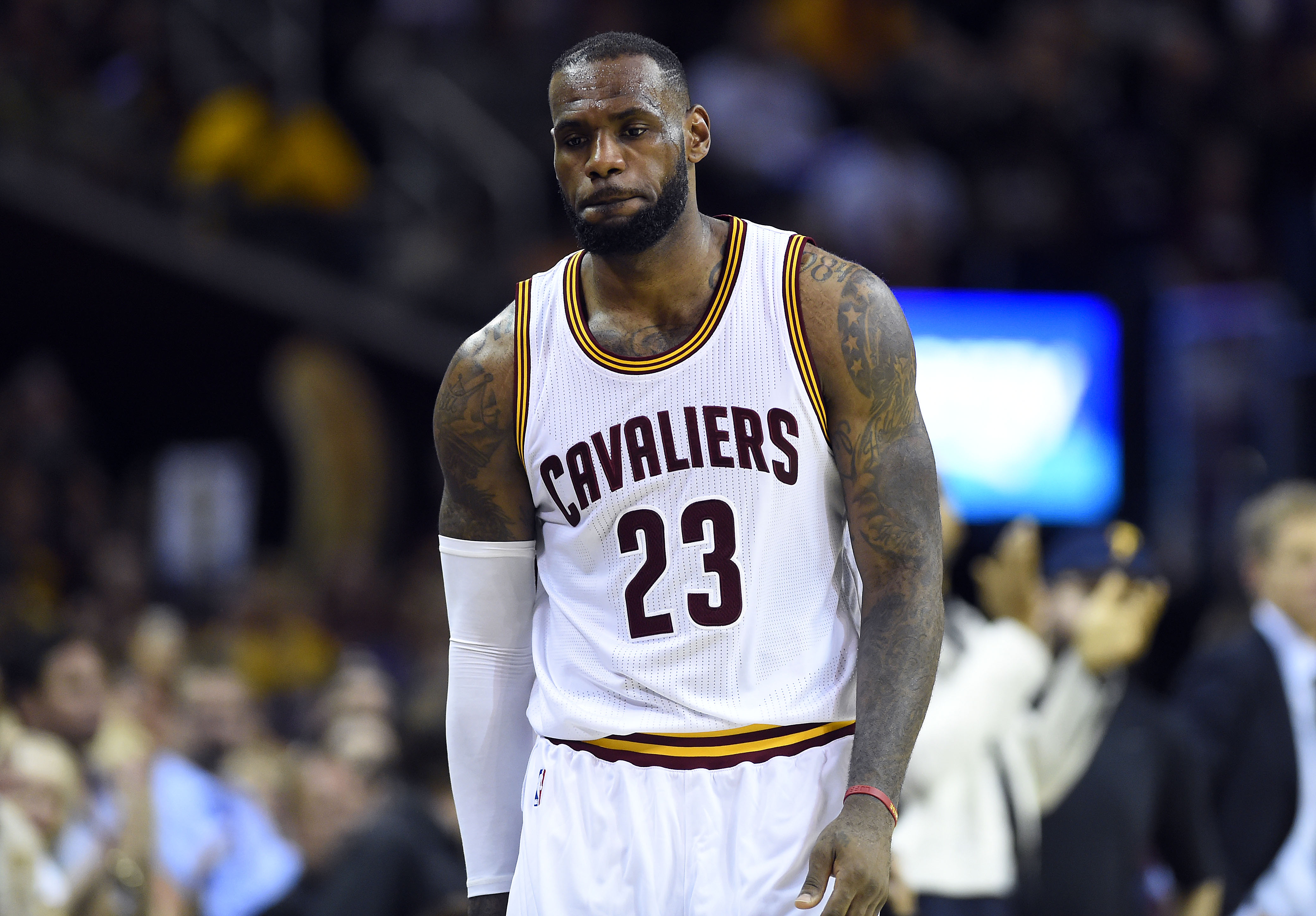Jun 16, 2015; Cleveland, OH, USA; Cleveland Cavaliers forward LeBron James (23) walks off the court after loosing to the Golden State Warriors in game six of the NBA Finals at Quicken Loans Arena. Mandatory Credit: Bob Donnan-USA TODAY Sports