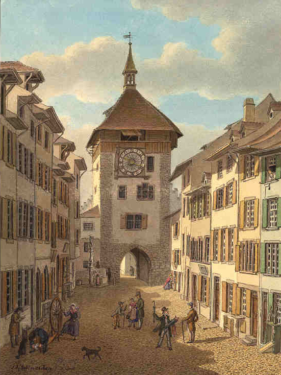 Blick auf den Spalenschwibbogen vom Spalenberg her. Der Sackpfeiffer-Brunnen wurde später in die Spalenvorstadt versetzt, wo er heute noch plätschert.