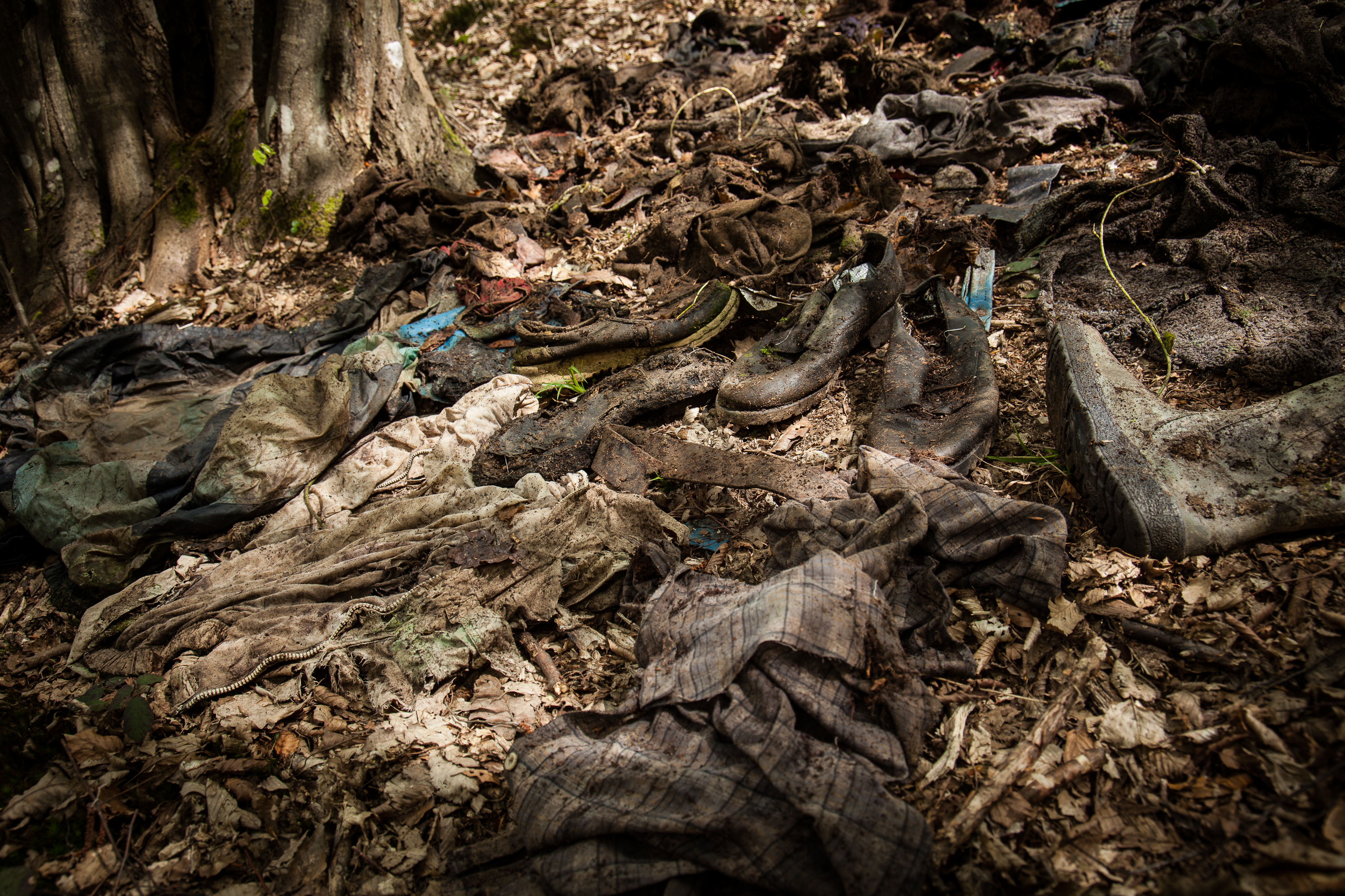 Clothings found during demining activities by Norwegian People's Aid (NPA) in Srebrenica area. After the enclave had been stormed by Bosnian Serb troops hundreds of people tried to escape through mined area.