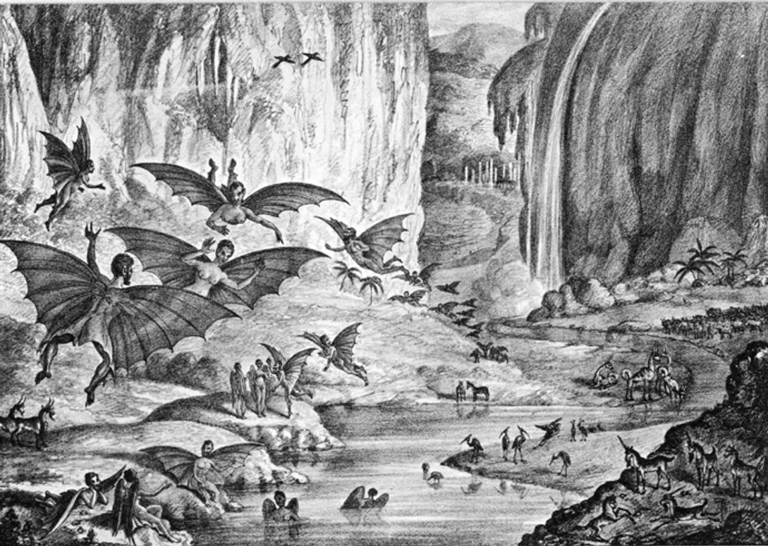 Fröhliches Treiben der Seleniten: Szene mit Fledermaus-Menschen und Einhörnern.