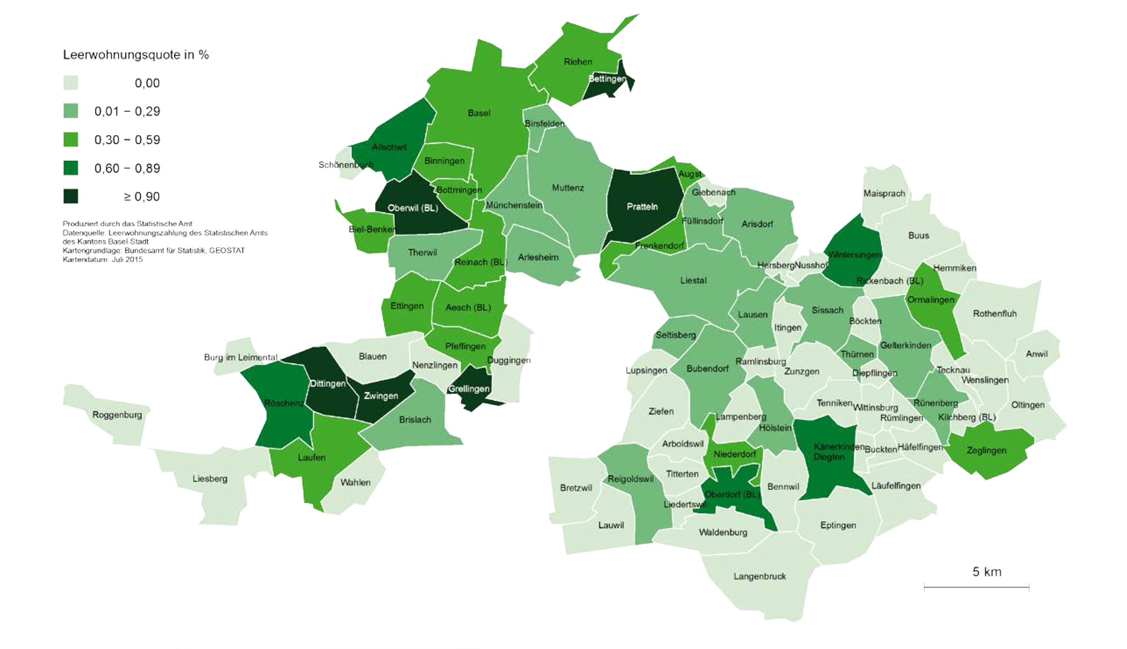 In Baselland lag die Leerstandsquote per 1. Juni 2015 bei 0.4%. Tief war die Quote in Sissach mit 0,2 Prozent, hoch in Laufen mit 0,7.