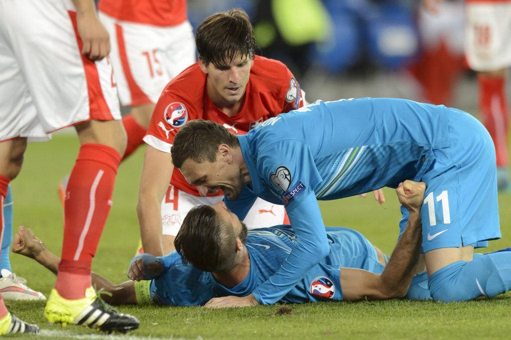 epa04915621 Slovenia's defender Bostjan Cesar, left, and Slovenia's forward Milivoje Novakovic, right, celebrate the 2-0 lead during the UEFA EURO 2016 qualifying soccer match between Switzerland and Slovenia at the St. Jakob-Park stadium in Basel, Switzerland, Saturday, September 5, 2015. EPA/LAURENT GILLIERON