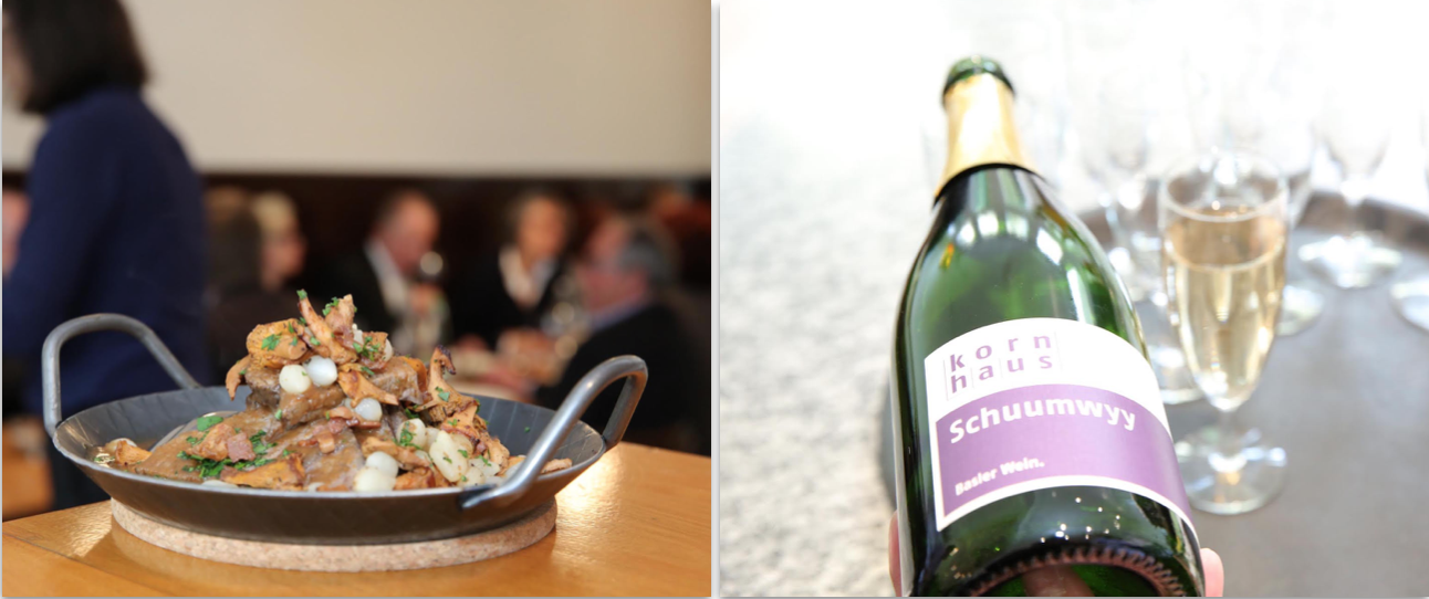 Hausspezialitäten: Der Lümmelibroote – für Nicht-Basler: ein Sauerbraten – und Schaumwein.