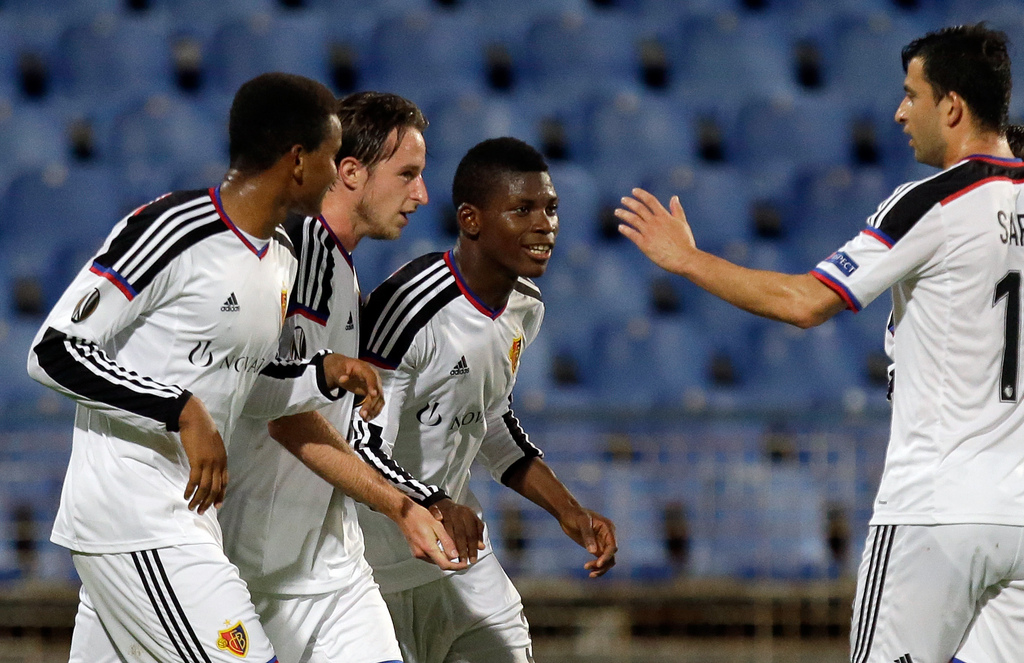 Basel�s players celebrate after Breel Embolo, center, scored their side's second goal during the Europa League group I soccer match between Belenenses and Basel at the Restelo stadium in Lisbon, Thursday, Nov. 5 2015. (AP Photo/Armando Franca)