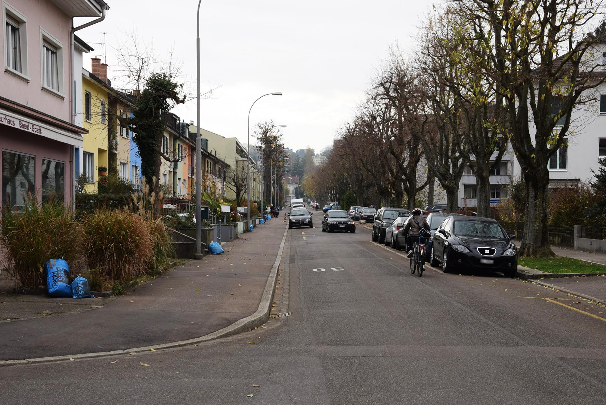 Eine Strassenseite der Steinbühlallee gehört zu Basel-Stadt, die andere zu Baselland (Allschwil). Die Stadtseite erkennt man an den blauen Bebbi-Säcken.