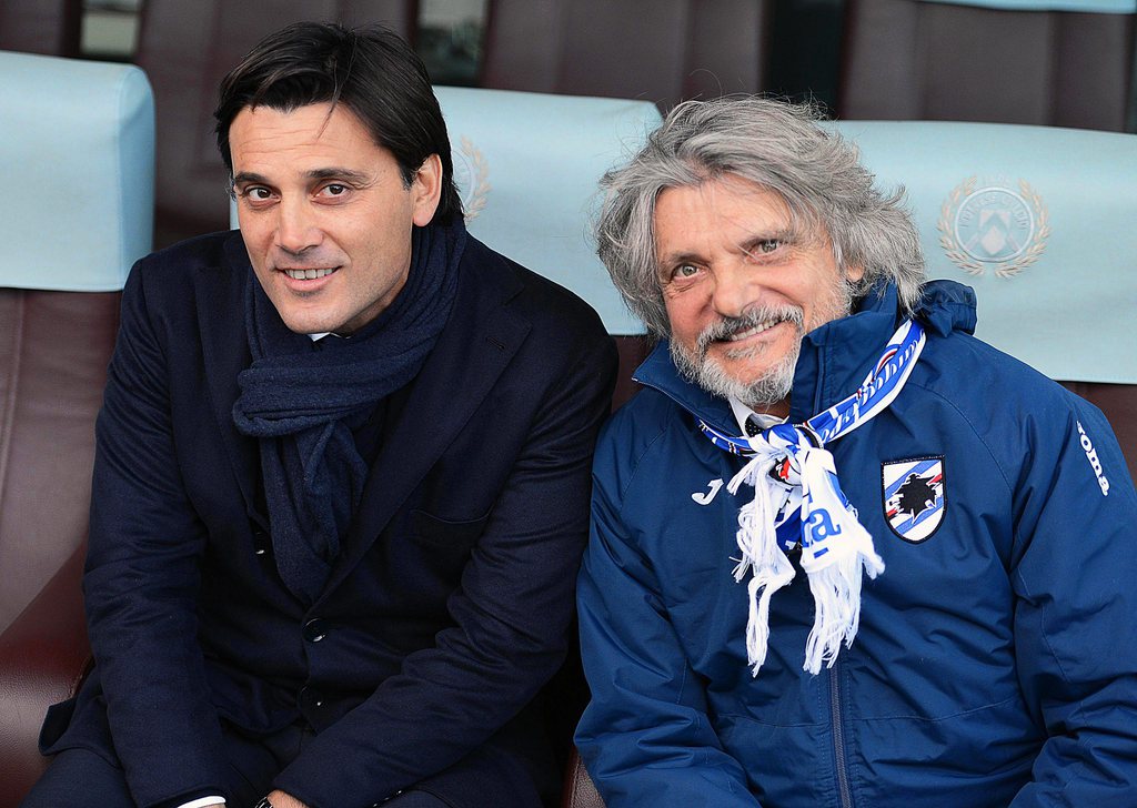 epa05037270 Sampdoria's head coach Vincenzo Montella (L) and Sampdoria's President Massimo Ferrero (R) before the Italian Serie A soccer match between Udinese Calcio and UC Sampdoria at Friuli Stadium in Udine, Italy, 22 November 2015. EPA/LANCIA